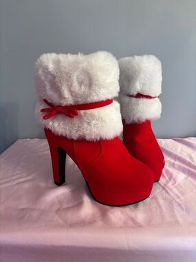 Red Faux Fur Cuff High Heel Ankle Boots with Bow